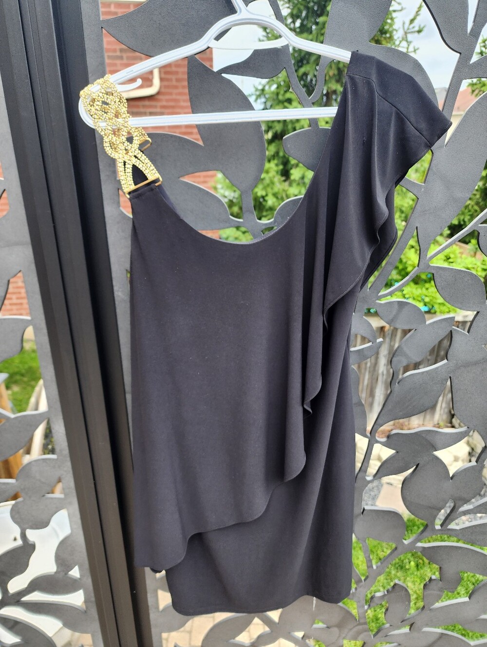 Betsy And Adam Mini Dress Women Size 12 Cocktail Gold Strap Jewels One Shoulder
